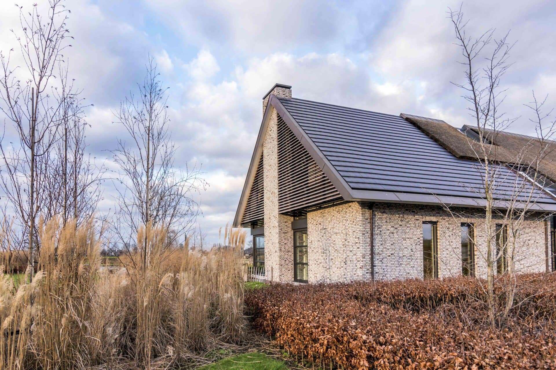 Zijaanzicht Landelijke woning met houten lamellen in driehoek